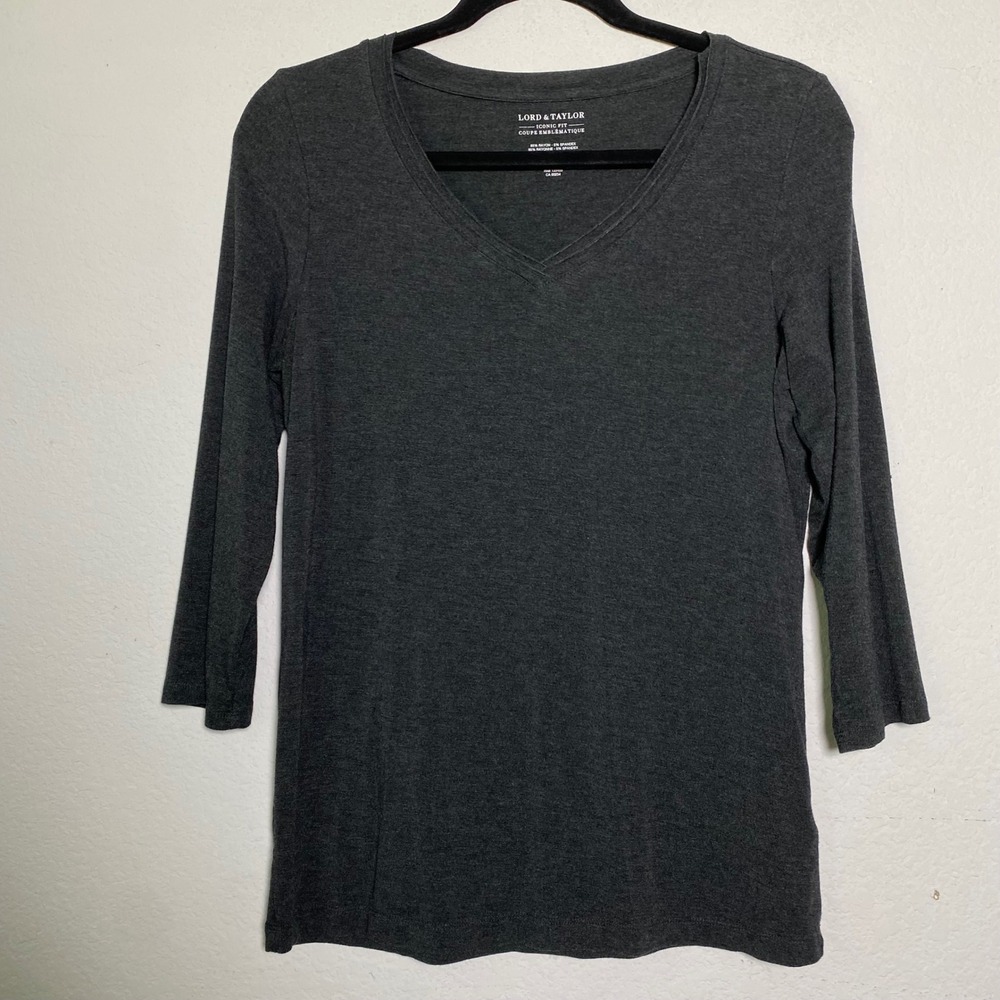 Lord & Taylor V-Neck Top S Charcoal Gray Womens Dark Academia 3/4 Sleeve Stretch